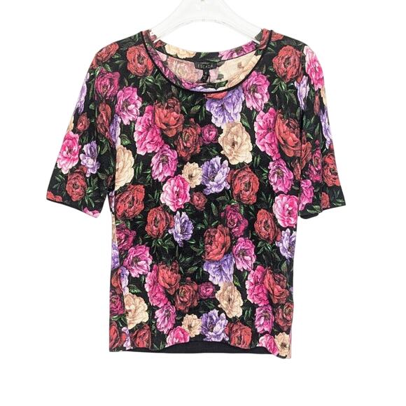 Escada Pink Floral Rose Print Short Sleeve Knit Top Wool Silk NWT Size M - Picture 1 of 10